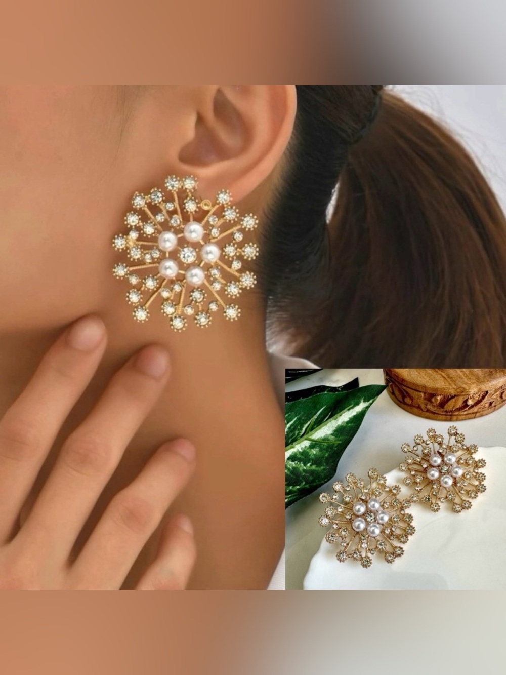 2/$30🌵 Star Burst Gold Tone Rhinestone Faux Pearl Earrings Celestial Gift NEW